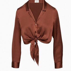 ARITZIA Wilfred Chestnut Satin Tie-Front Blouse